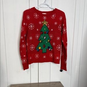 Xhilaration Red Christmas Sweater with Green Tree - Ugly Christmas knit Sweater
